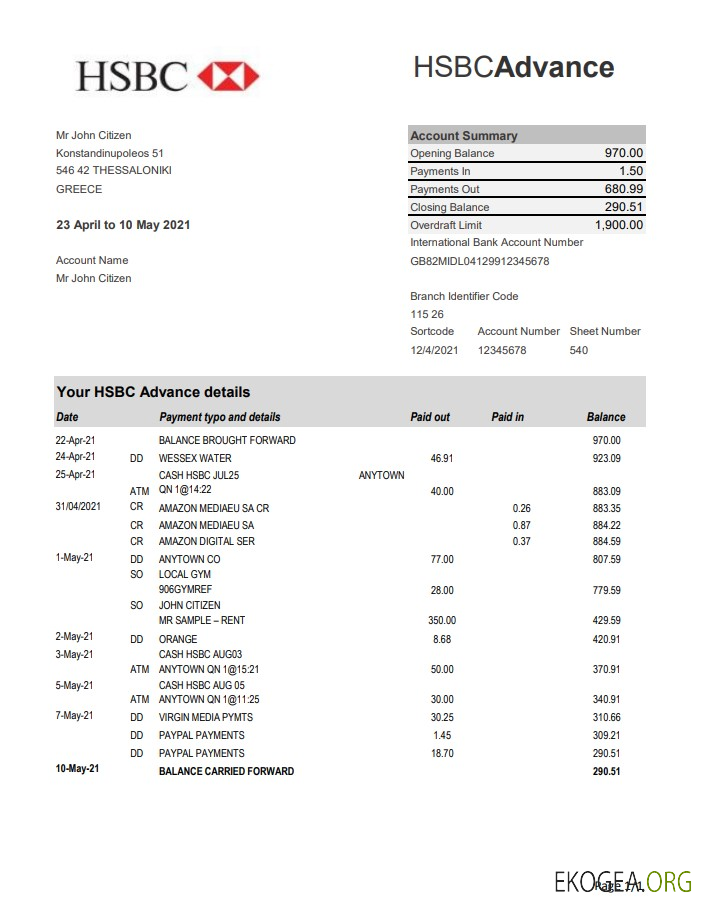 Relevé bancaire HSBC Grèce modèle facile à remplir au format Excel et PDF